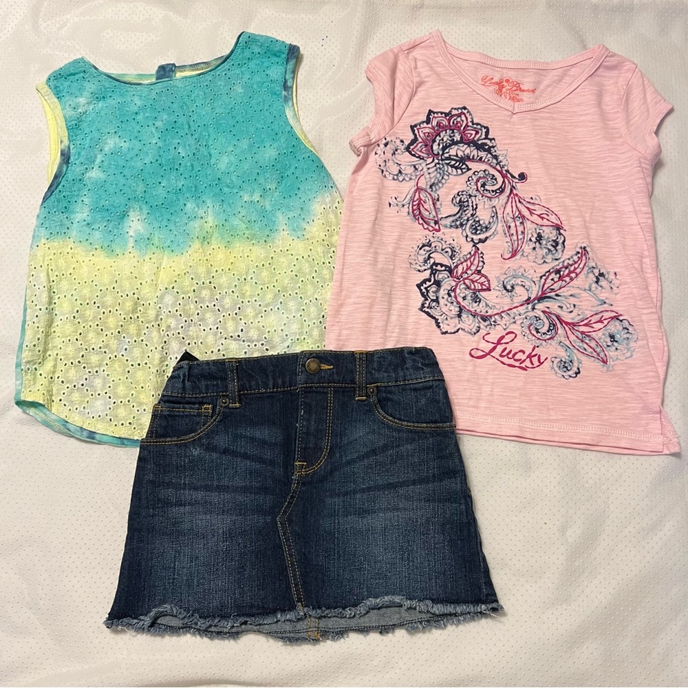 Lucky Brand Kids Bundle Lot Denim Jean Skirt 2 Shirts Various  Sizes Tie Dye